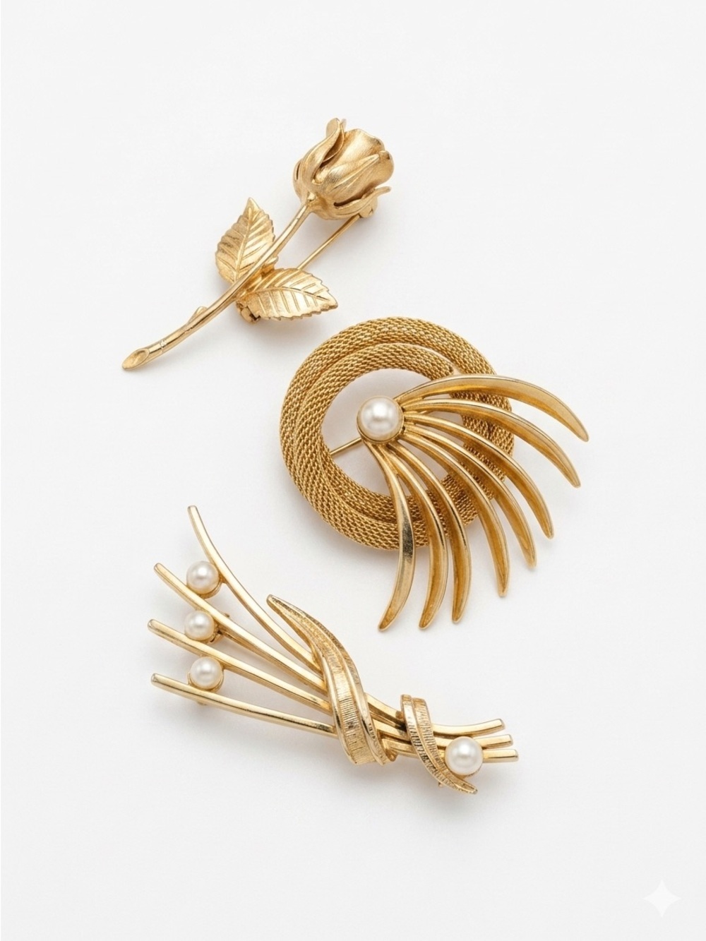 Vintage 80s Botanical Gold Floral Brooch Bundle - Set of 3